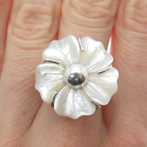 RIDER 950 Silver Vintage Real Carved MOP Flower Adjustable Ring Size 8.75