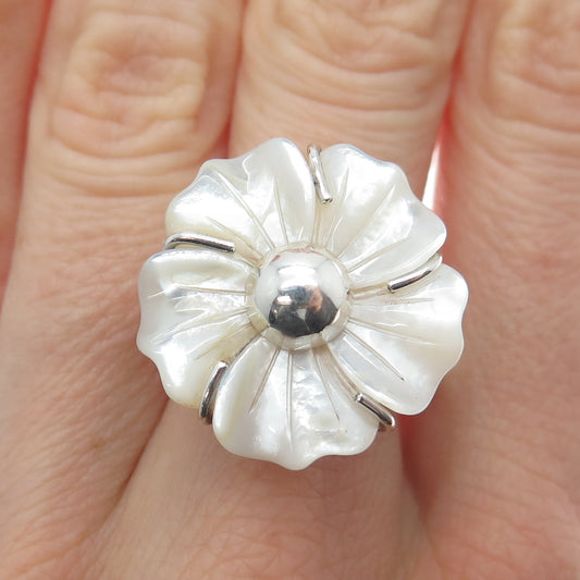 RIDER 950 Silver Vintage Real Carved MOP Flower Adjustable Ring Size 8.75