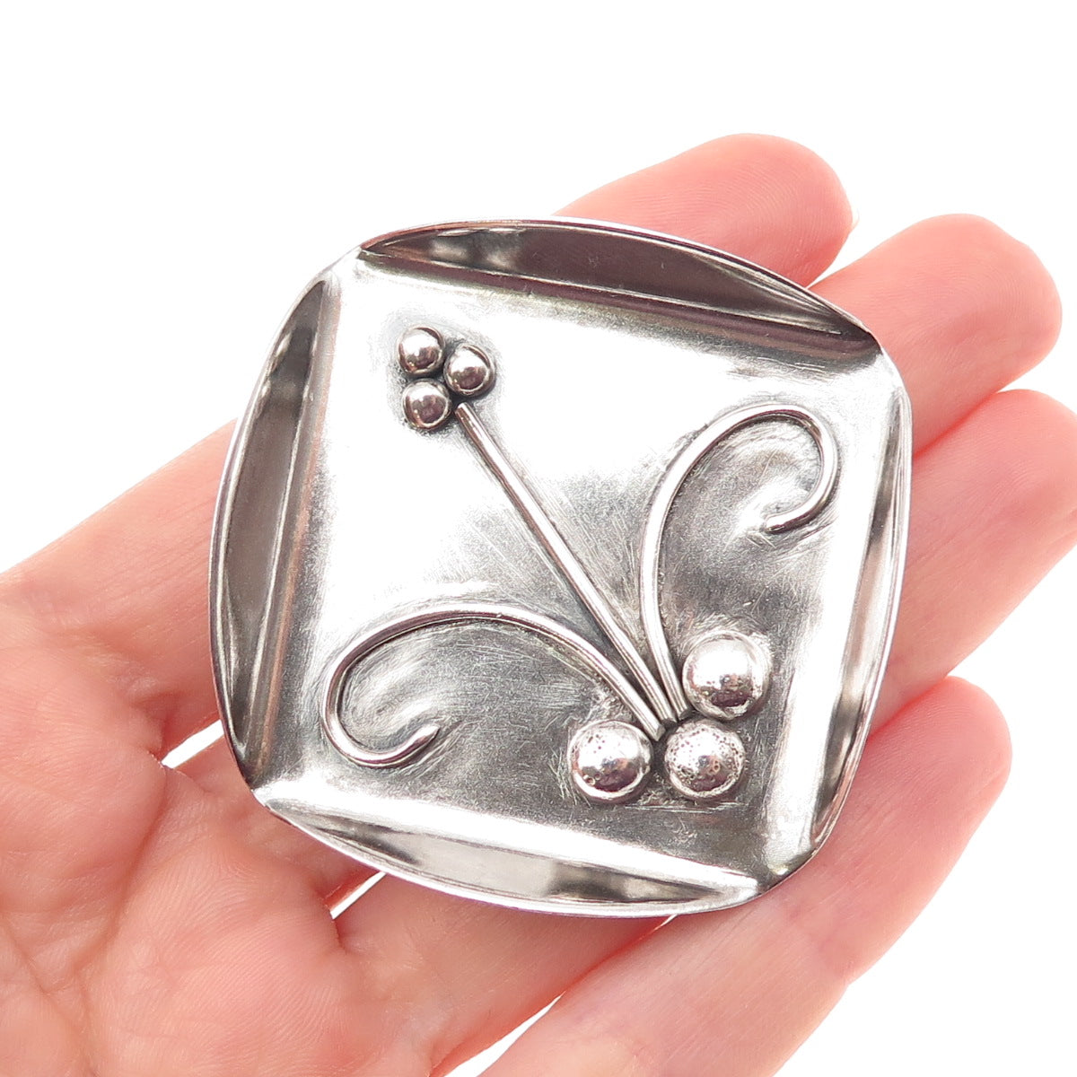925 Sterling Silver Vintage Modernist Floral Oxidized Large Pin Brooch