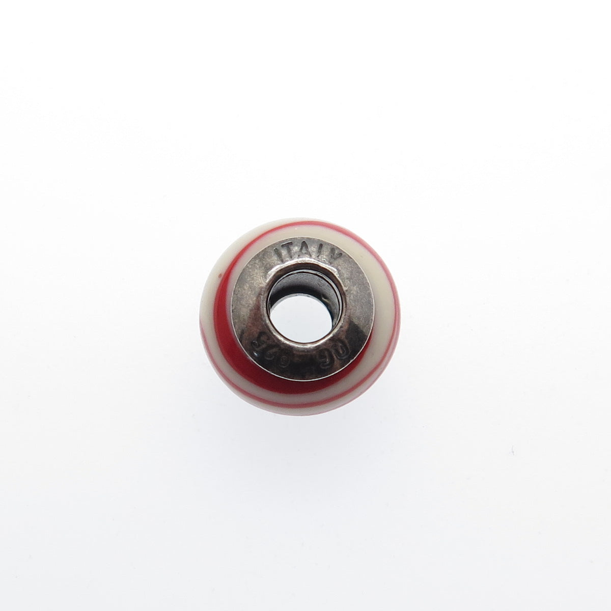 925 Sterling Silver QG Italy Red & White Murano Glass Bead Charm
