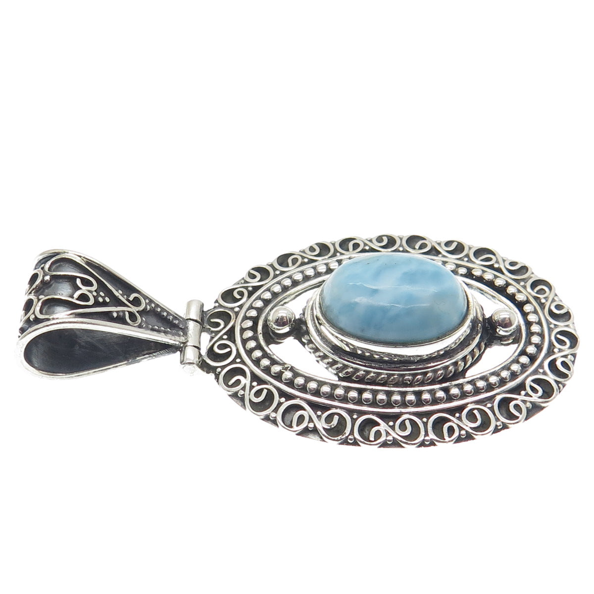 925 Sterling Silver Vintage Real Larimar Gemstone Boho Ornate Pendant