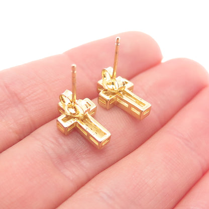 925 Sterling Silver Gold Plated Round-Cut C Z Cross Earrings