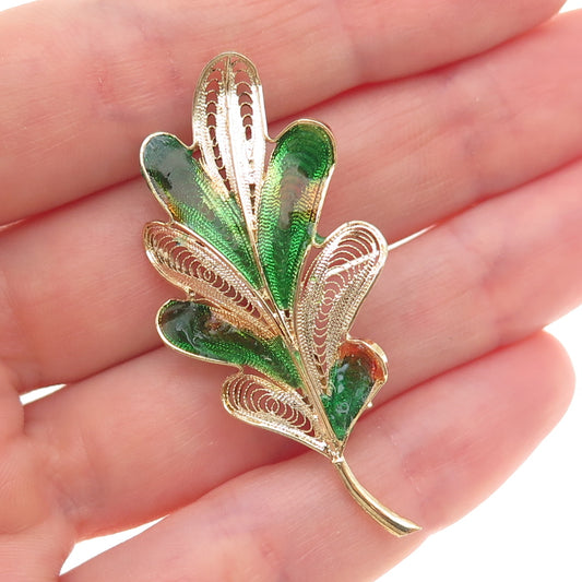 800 Silver Gold Plated Vintage Italy Enamel Floral Filigree Pin Brooch
