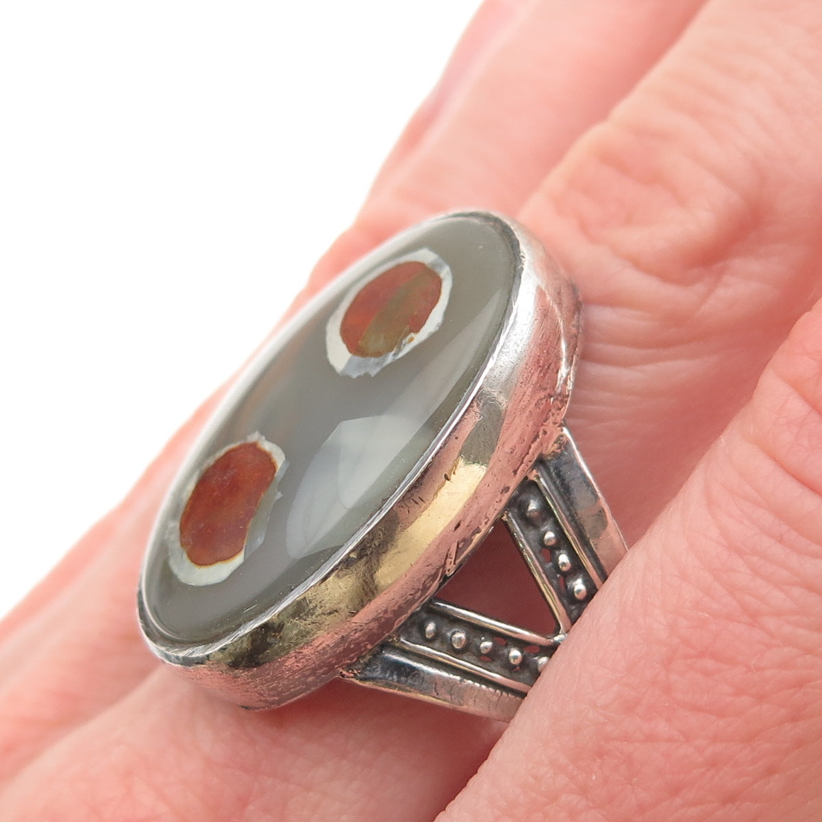 925 Sterling Silver Vintage Real Yemeni Aqeeq Agate Oxidized Ring Size 11.5