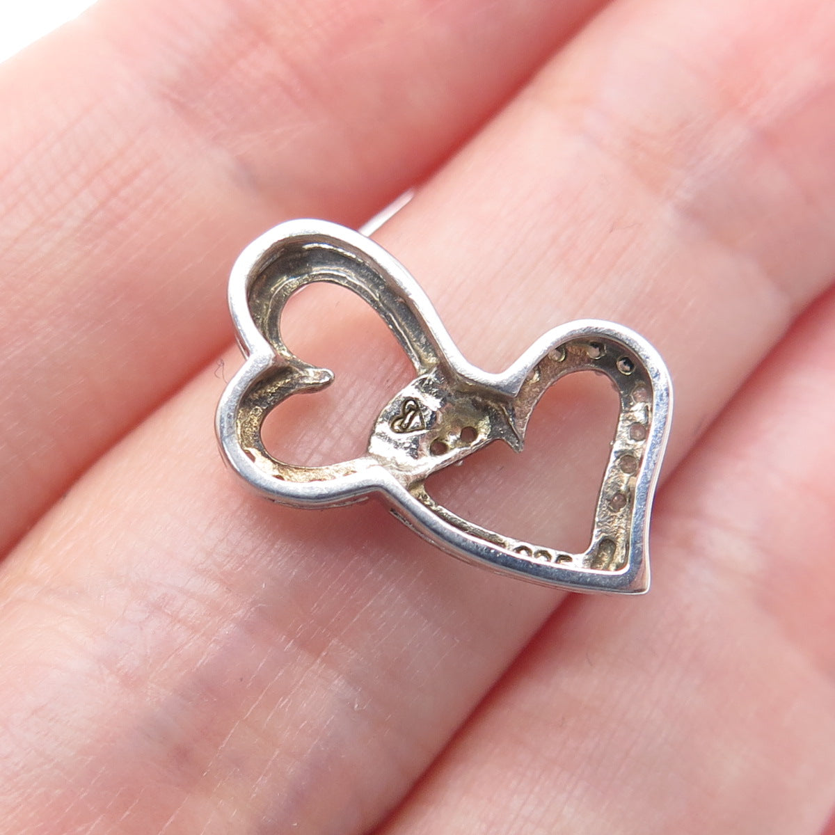 925 Sterling Silver Real Diamond Double Heart Minimalist Slide Pendant