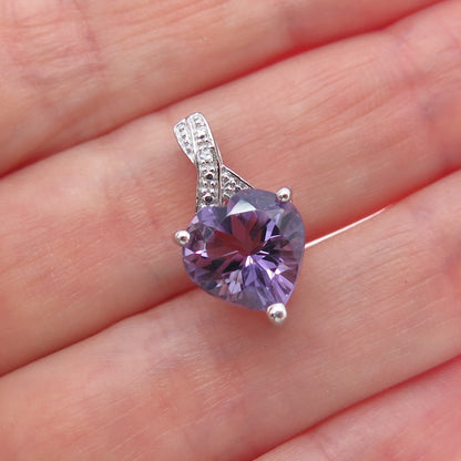 SAI 925 Sterling Silver Real Diamond Accent & Heart-Cut Amethyst Mini Pendant