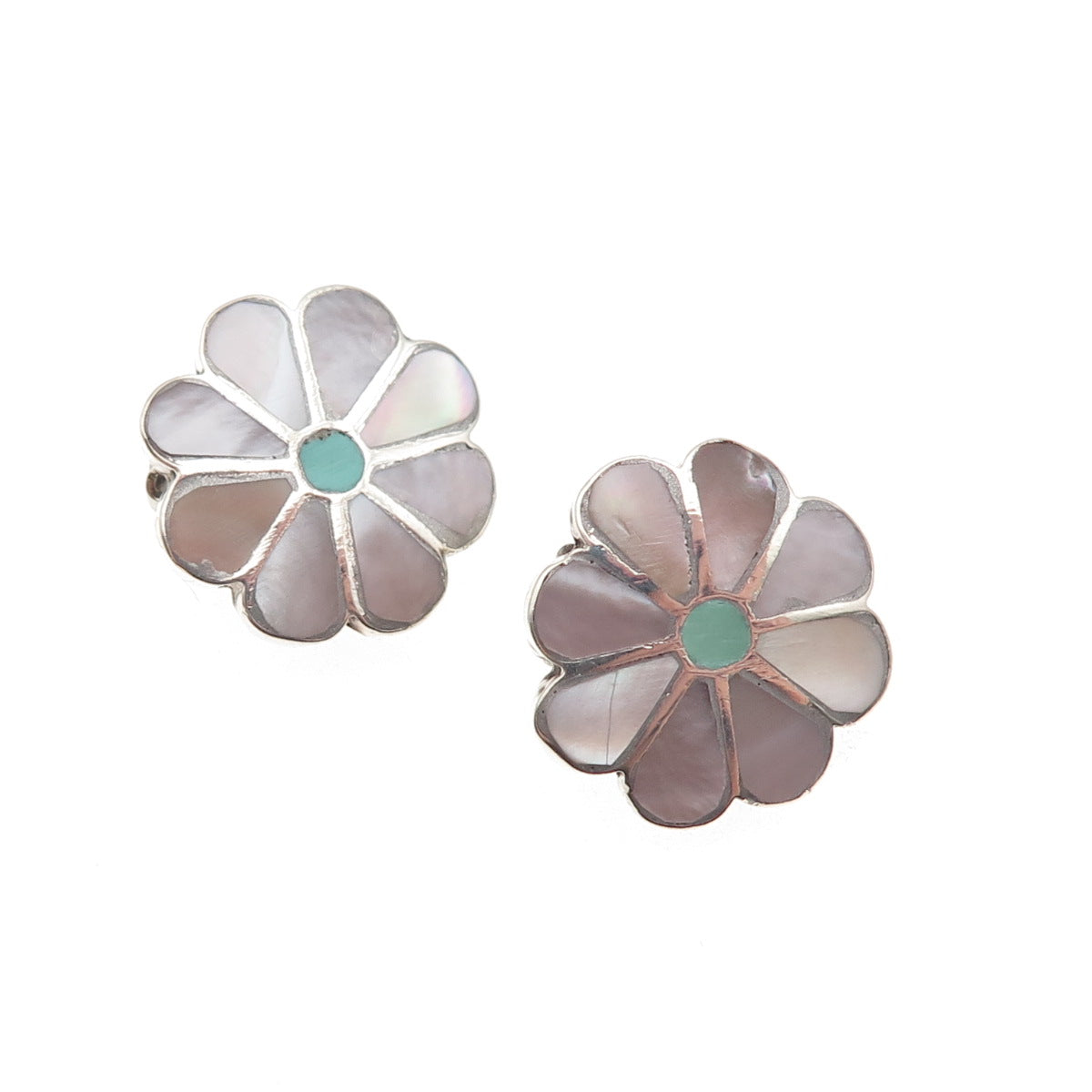 Old Pawn Sterling Silver Vintage MOP & Turquoise Floral Tribal Clip On Earrings