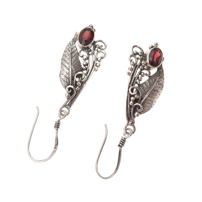 925 Sterling Silver Vintage Real Red Garnet Floral Oxidized Dangle Earrings
