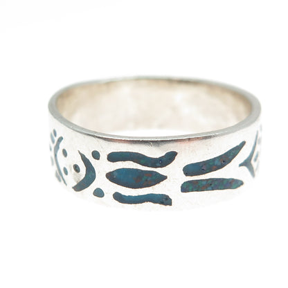 925 Sterling Silver Vintage Real Turquoise Inlay Skull Oxidized Ring Size 11.25