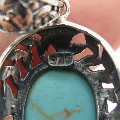 925 Sterling Silver Vintage Real Turquoise Laurel Floral Pendant