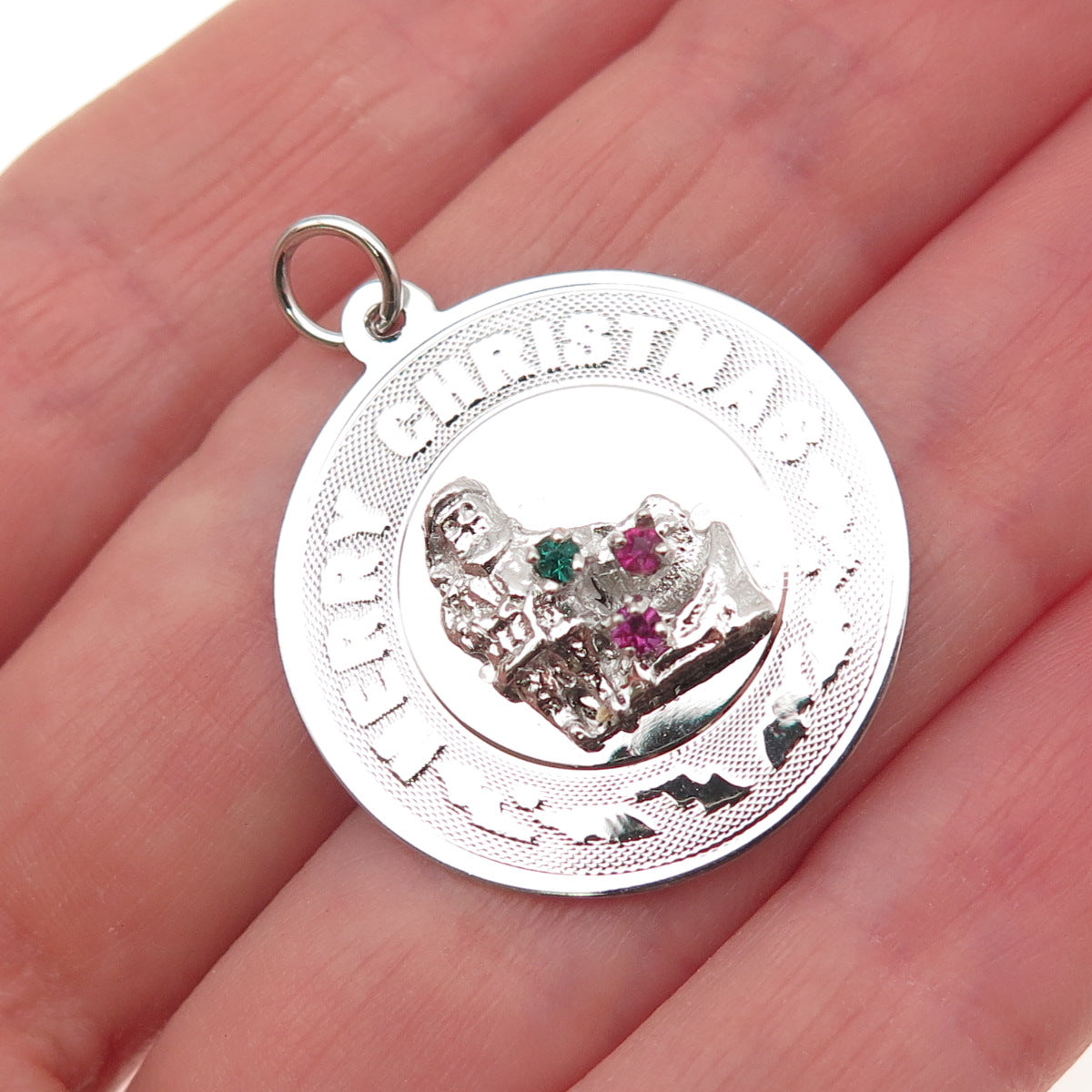 925 Sterling Silver Vintage Rhinestone Santa Merry Christmas Charm Pendant