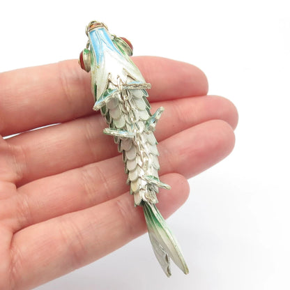 925 Sterling Silver Enamel Antique Chinese Koi Fish Chatelaine Pendant / Fob