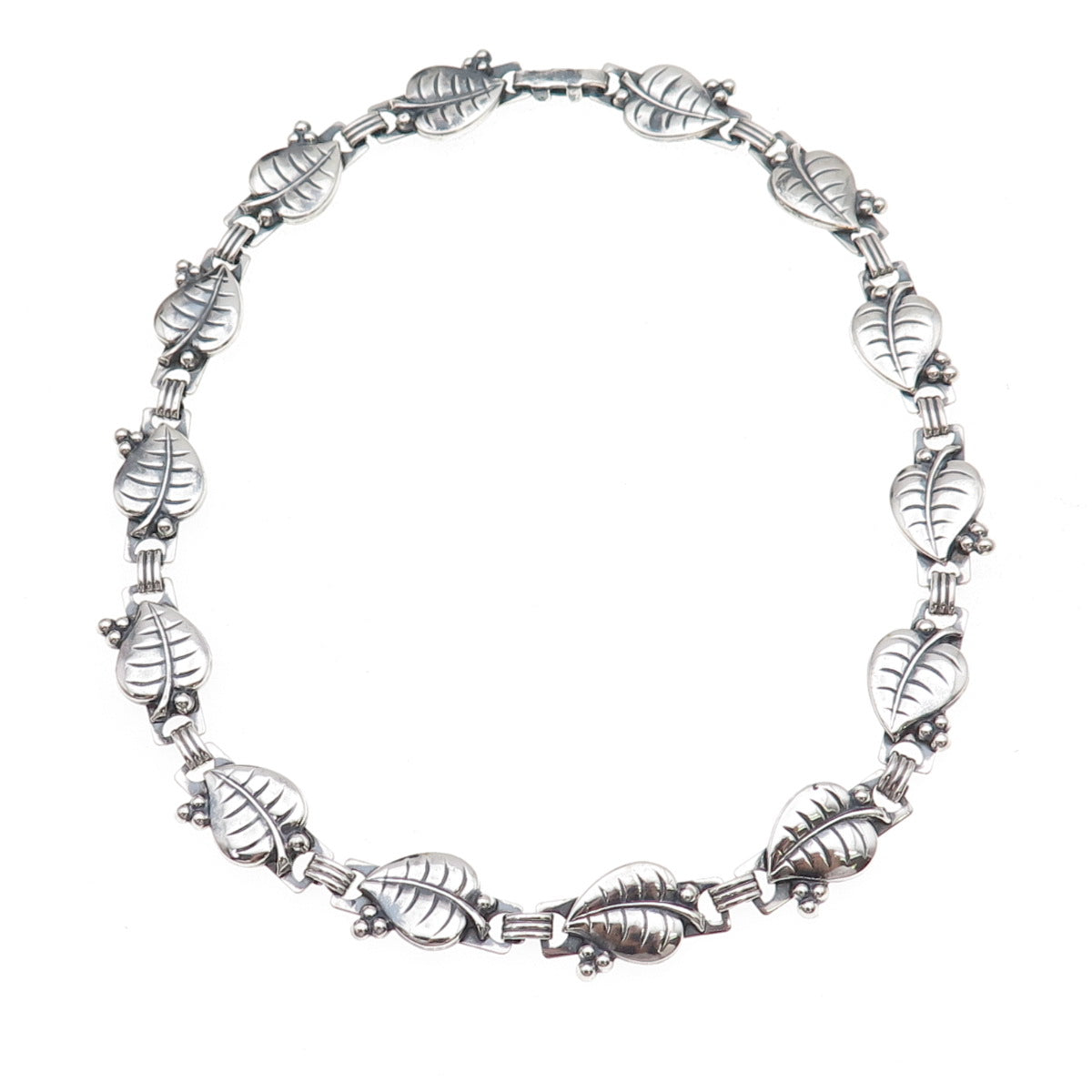925 Sterling Silver Antique Art Deco Oxidized Floral Leaf Chain Necklace 14"