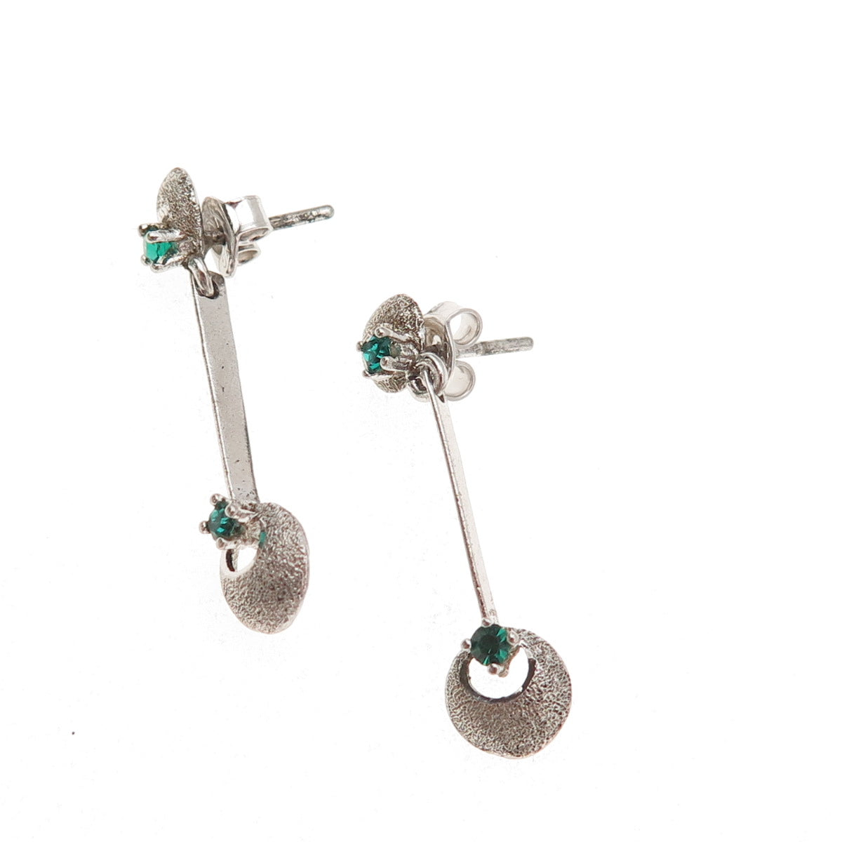 925 Sterling Silver Vintage Green Rhinestone Modernist Oxidized Dangle Earrings