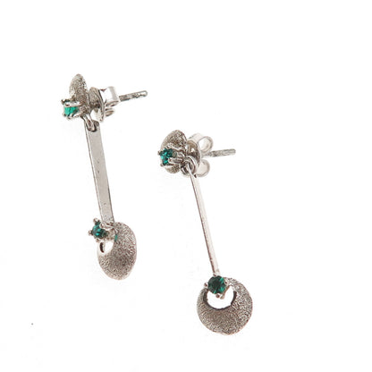 925 Sterling Silver Vintage Green Rhinestone Modernist Oxidized Dangle Earrings