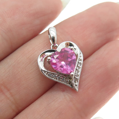 SAI 925 Sterling Silver White Topaz Gem Lab-Created Pink Sapphire Heart Pendant