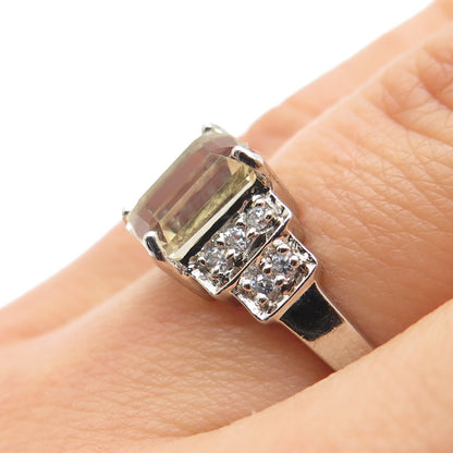 925 Sterling Silver Real Emerald-Cut Citrine & White Topaz Ring Size 6