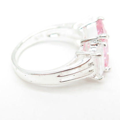 925 Sterling Silver White & Pink Radiant-Cut Shaped C Z Ring Size 5.5