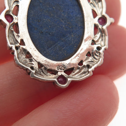 925 Sterling Silver Vintage Real Lapis Ruby & Emerald Lady Cameo Charm Pendant