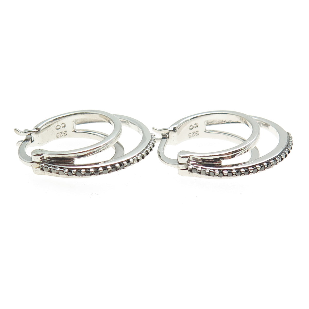 925 Sterling Silver Real Round-Cut Black Diamond Multi-Circle Hoop Earrings