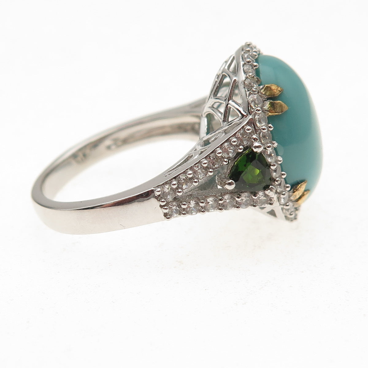 925 Sterling Silver 2-Tone Real Turquoise White Topaz & Peridot Ring Size 8.25