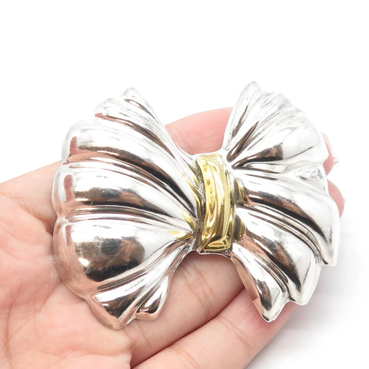 925 Sterling Silver 2-Tone Vintage Mexico Puffy Bow Pin Brooch