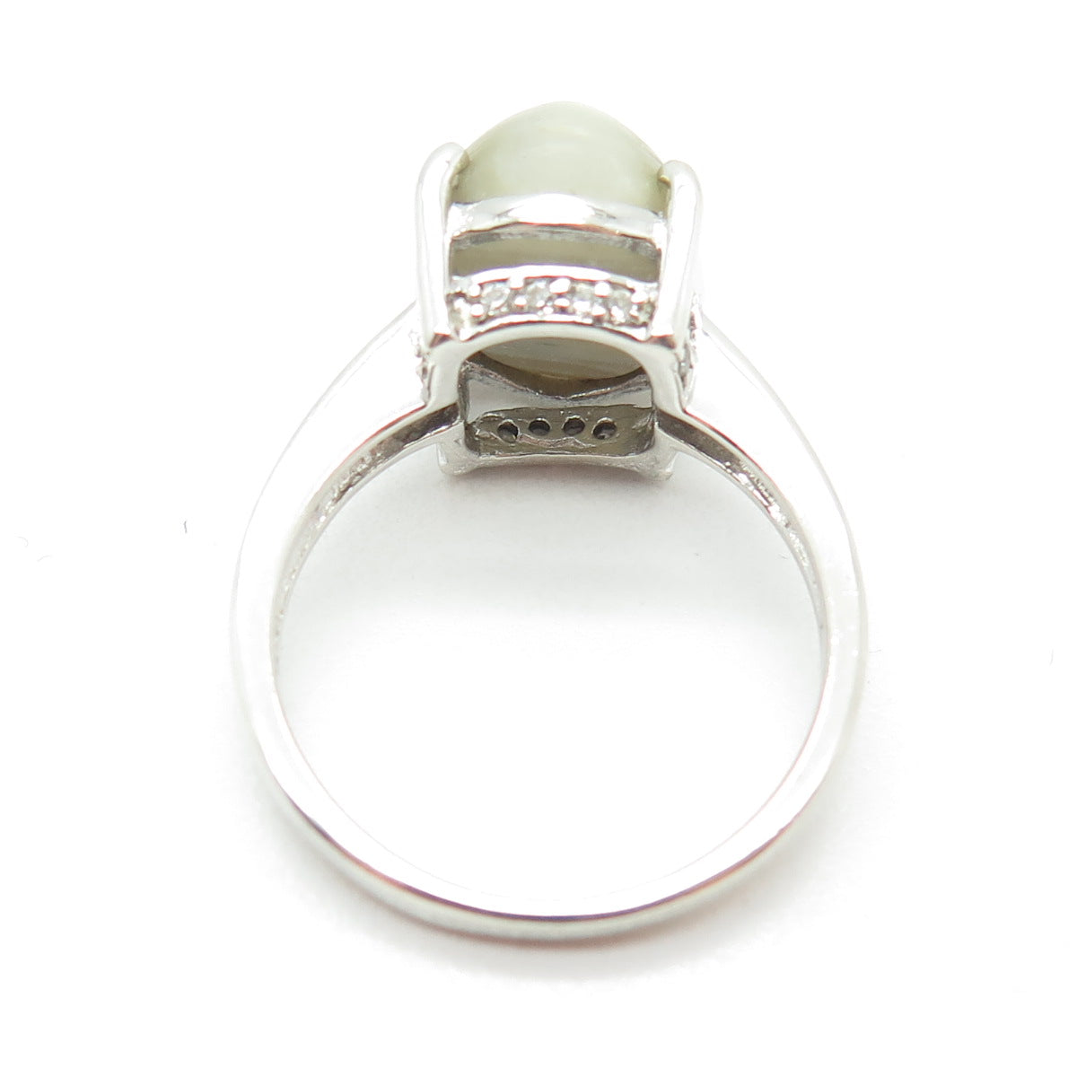 925 Sterling Silver Real Cabochon Prehnite & Round-Cut C Z Ring Size 9