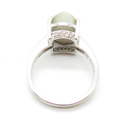 925 Sterling Silver Real Cabochon Prehnite & Round-Cut C Z Ring Size 9
