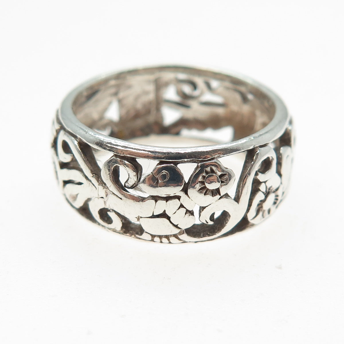 HAN 925 Sterling Silver Vintage Flower Blossom Oxidized Band Ring Size 8.75