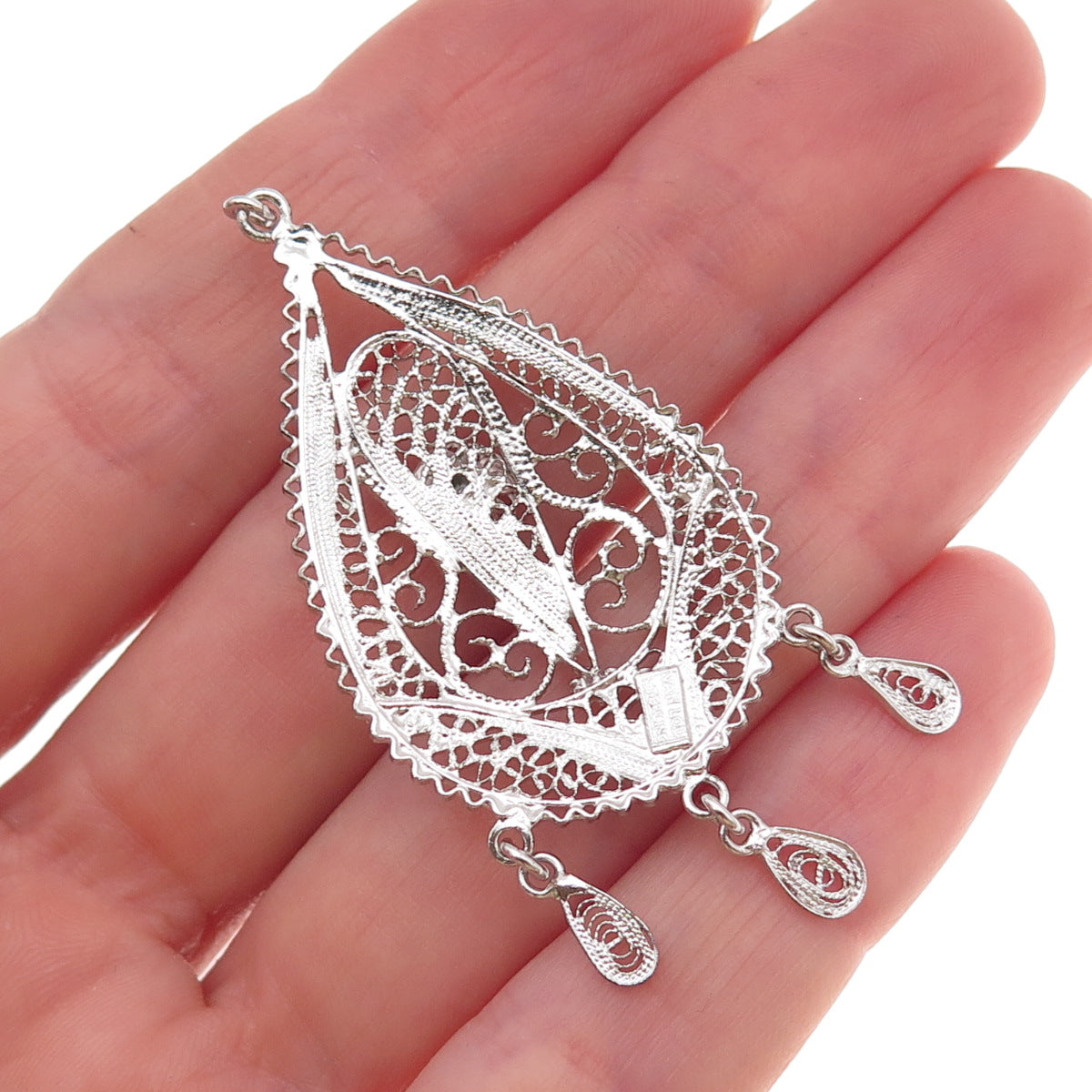 Van Lou Sterling Silver Antique Art Deco Cannetille Filigree Teardrop Pendant