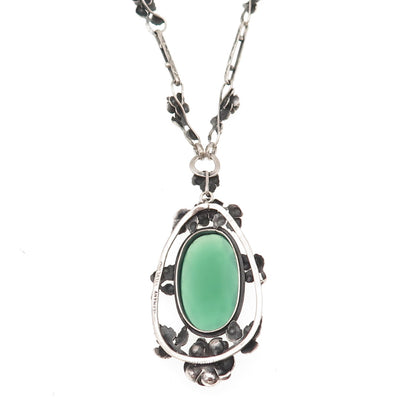 925 Sterling Antique Germany Real Green Onyx Rose Flower Chain Necklace 24"