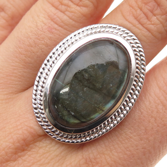 925 Sterling Silver Vintage Real Cabochon Labradorite Ring Size 10.25