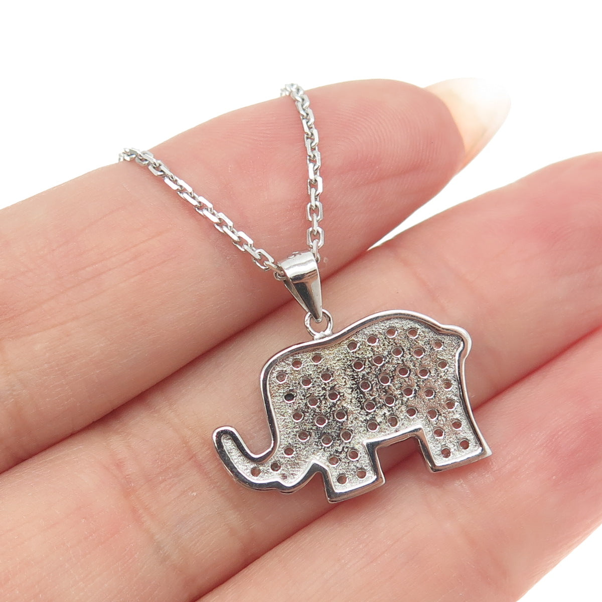 925 Sterling Silver Italy Pave C Z Elephant Pendant Cable Chain Necklace 16"