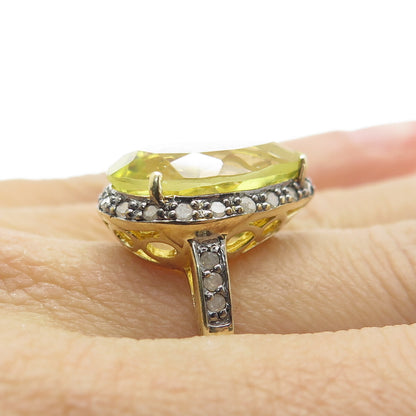 925 Sterling Silver Gold Plated Diamond & Pear-Cut Citrine Gem Ring Size 8.25