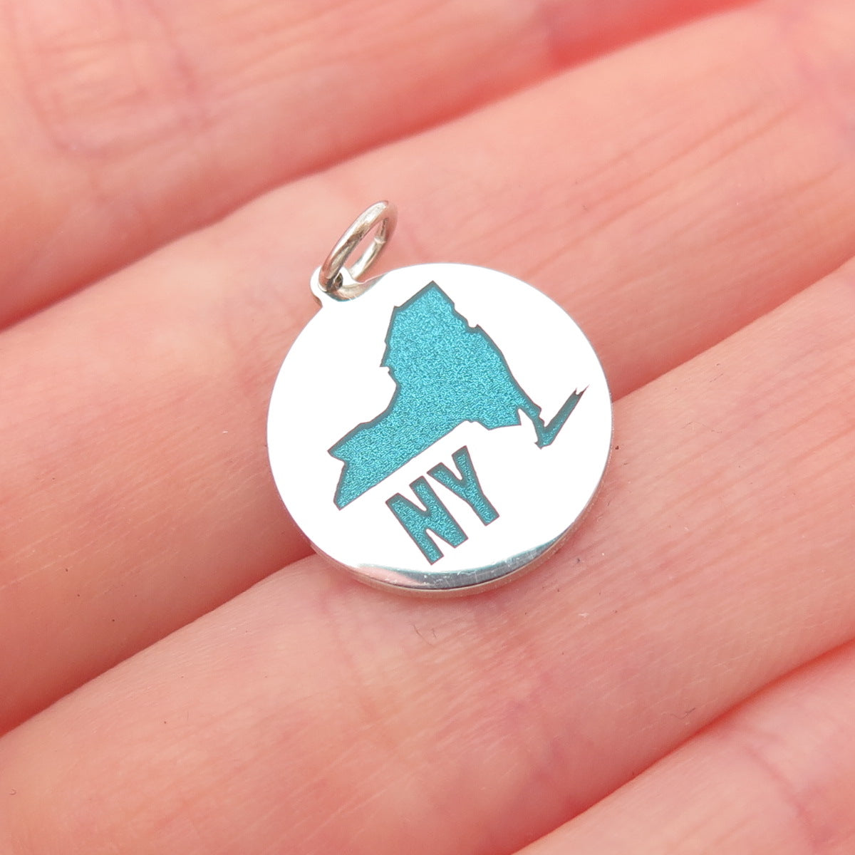 925 Sterling Silver Turquoise Enamel NY State Map Mini Charm Pendant