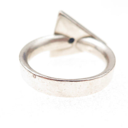 925 Sterling Silver Vintage Real Sapphire Modernist Oxidized Ring Size 8