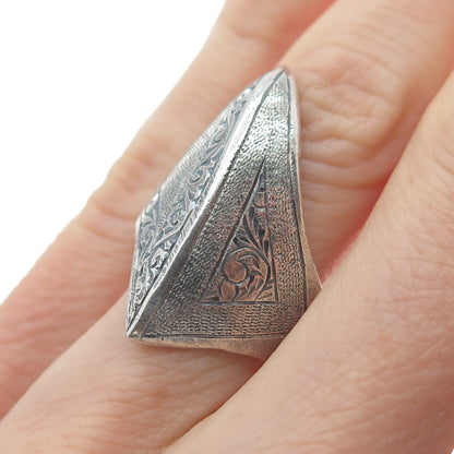 925 Sterling Silver Vintage JG Siam Engraved Modernist Oxidized Ring Size 8.25