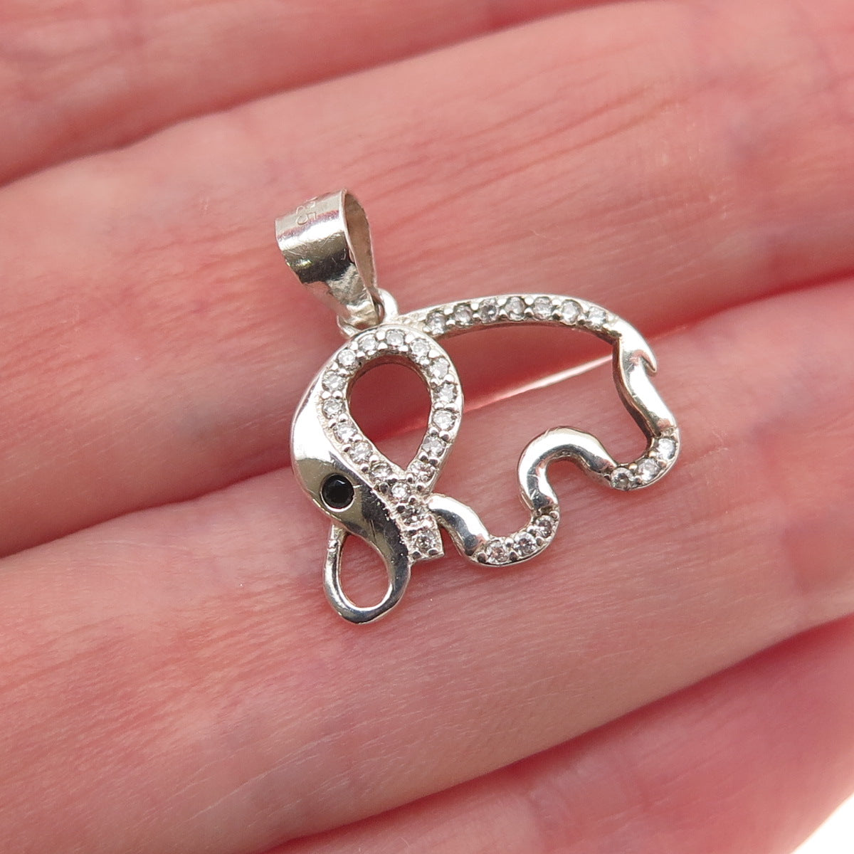 925 Sterling Silver Round-Cut Black & White C Z Elephant Mini Charm Pendant