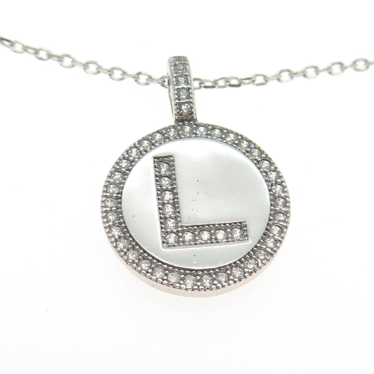 925 Sterling Silver Round-Cut C Z Letter "L" Initial Cable Chain Necklace 16-18"