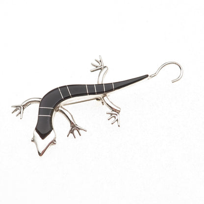 Old Pawn 925 Sterling Silver Vintage Southwestern Black Onyx Lizard Pin Brooch