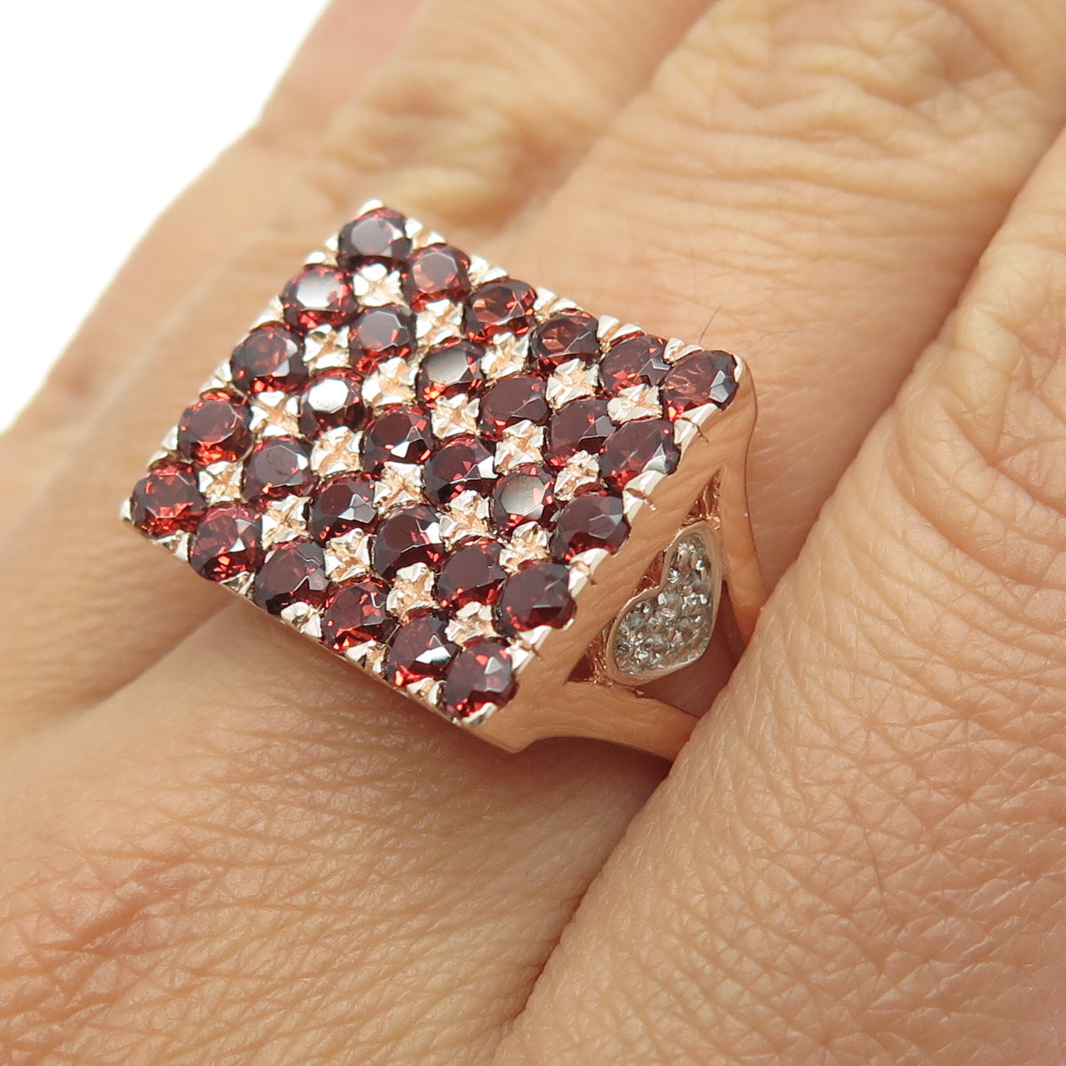 925 Sterling Silver Rose Gold Plated Real Red Garnet & C Z Heart Ring Size 7.5