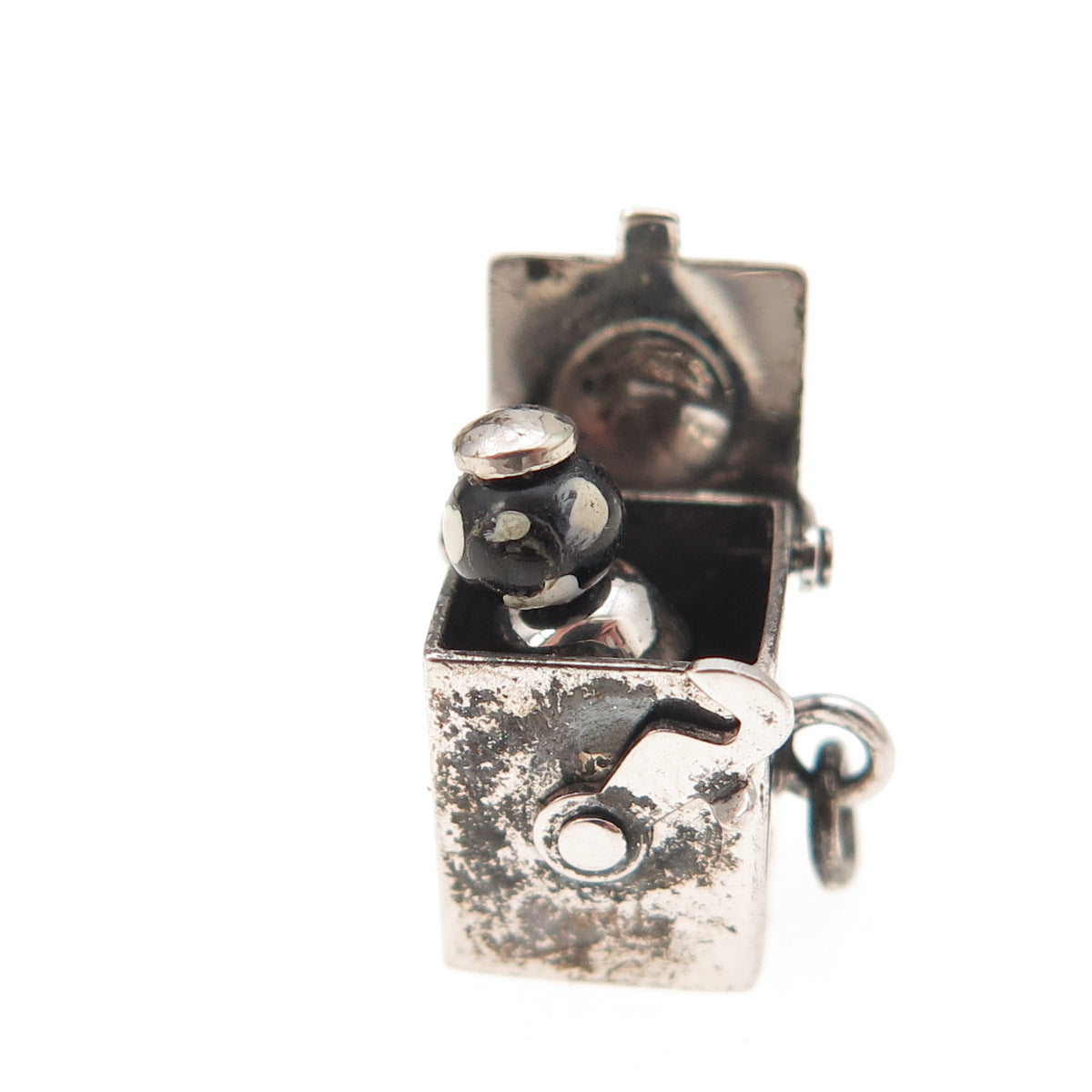 925 Sterling Silver Antique Art Deco Enamel Jack in the Box Open Charm Pendant