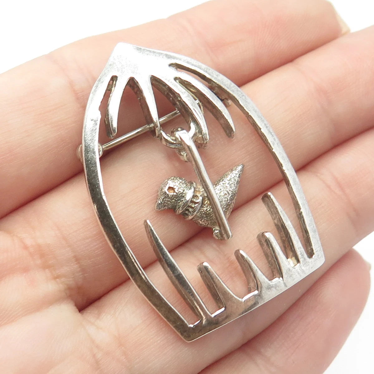 925 Sterling Silver Vintage Mexico Bird In A Cage Pin Brooch