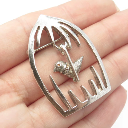 925 Sterling Silver Vintage Mexico Bird In A Cage Pin Brooch