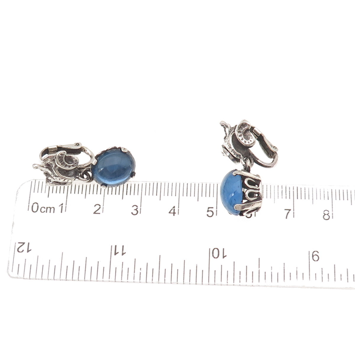 Cini 925 Sterling Silver Antique Art Deco Blue Glass Floral Clip On Earrings