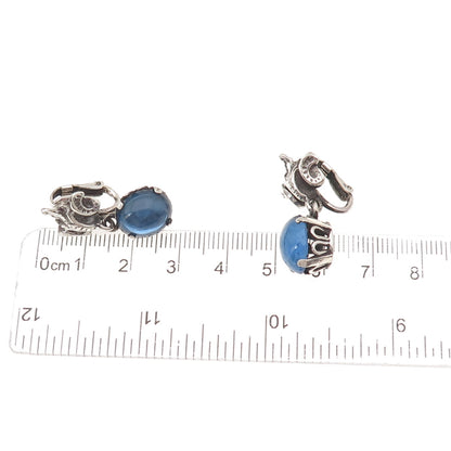 Cini 925 Sterling Silver Antique Art Deco Blue Glass Floral Clip On Earrings