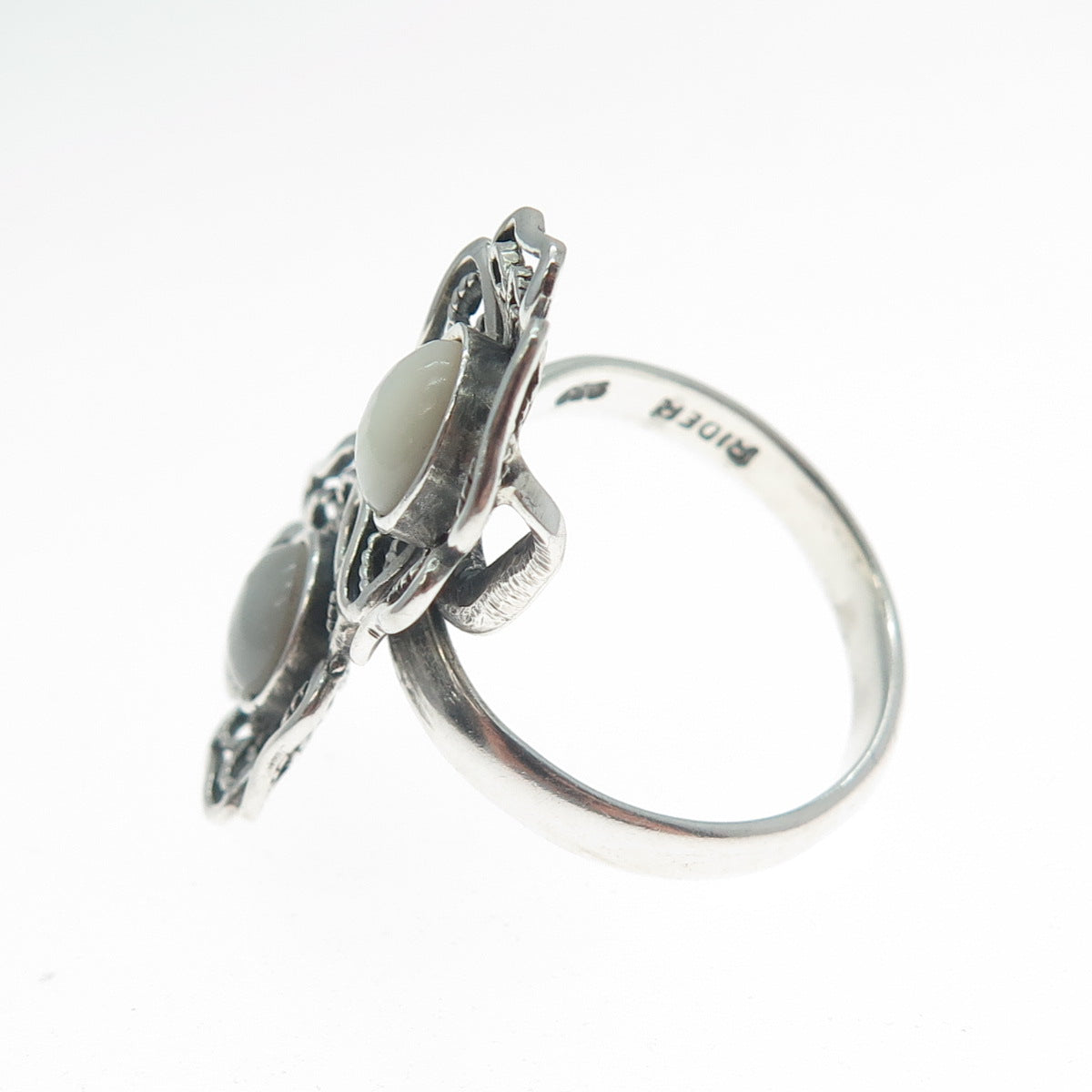 RIDER 950 Silver Vintage Real Mother-of-Pearl Flower Filigree Ring Size 8