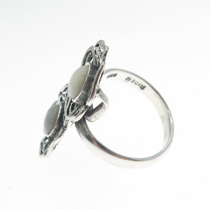 RIDER 950 Silver Vintage Real Mother-of-Pearl Flower Filigree Ring Size 8