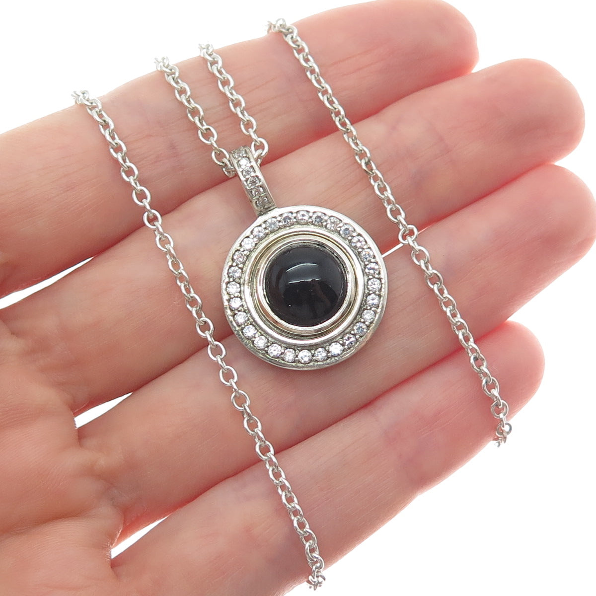 925 Sterling Silver Real Black Onyx & C Z Interchangeable Disc Necklace 16-18"