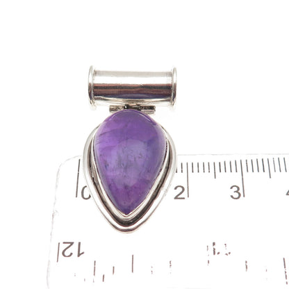 925 Sterling Silver Vintage Real Amethyst Modernist Oxidized Slide Pendant